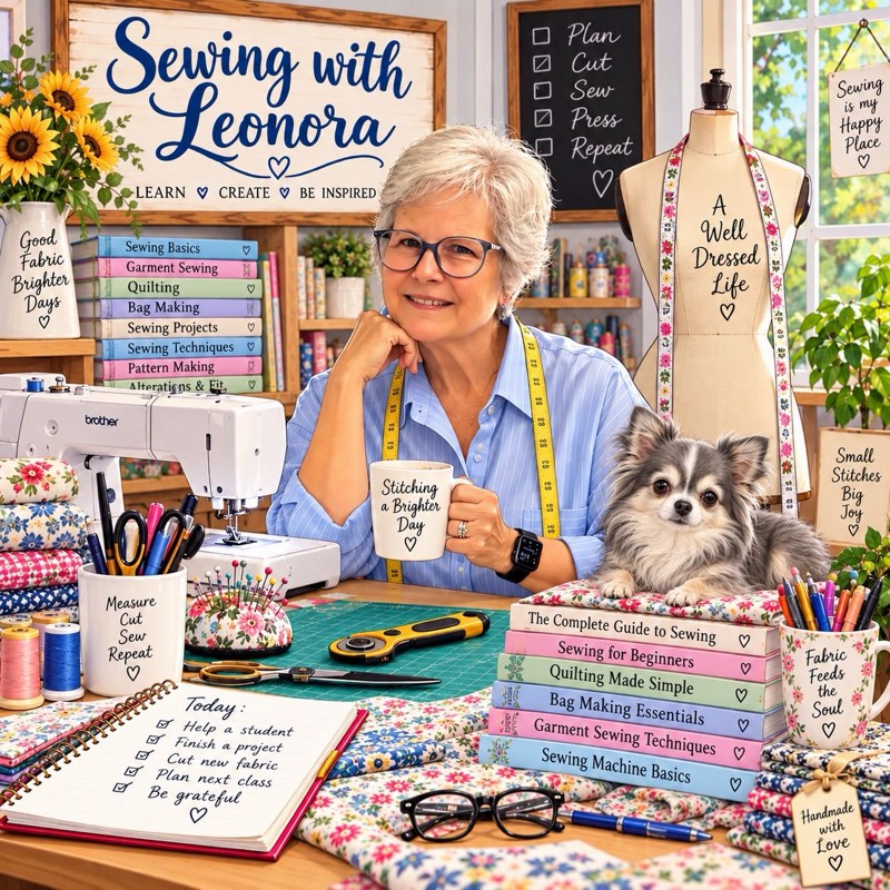 Illustration of Leonora at her sewing table with her dog, surrounded by fabric, thread, scissors and stacks of sewing books, under a Sewing with Leonora sign.